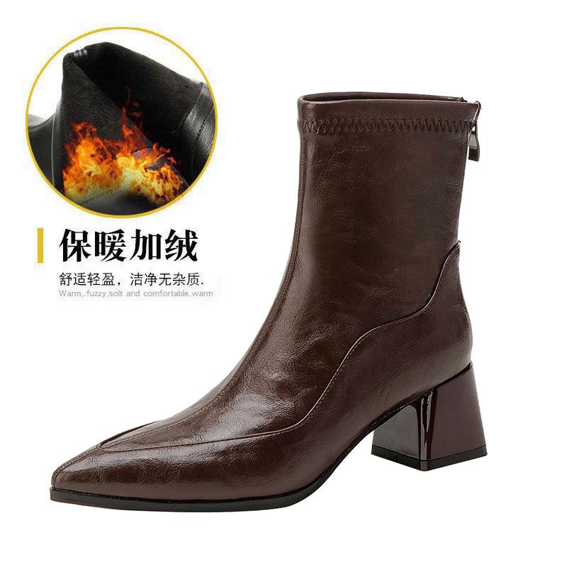 High Heel Short Boots Coarse Heel Pointed Skinny Boots Brown Fleece Winter Boots Medium Boots