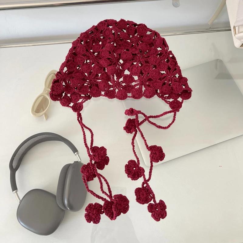 2025 New Thin Hollow Handmade Crochet Knitted Hats for Women Spring and Summer Travel Versatile Concave Strap Beanies Caps