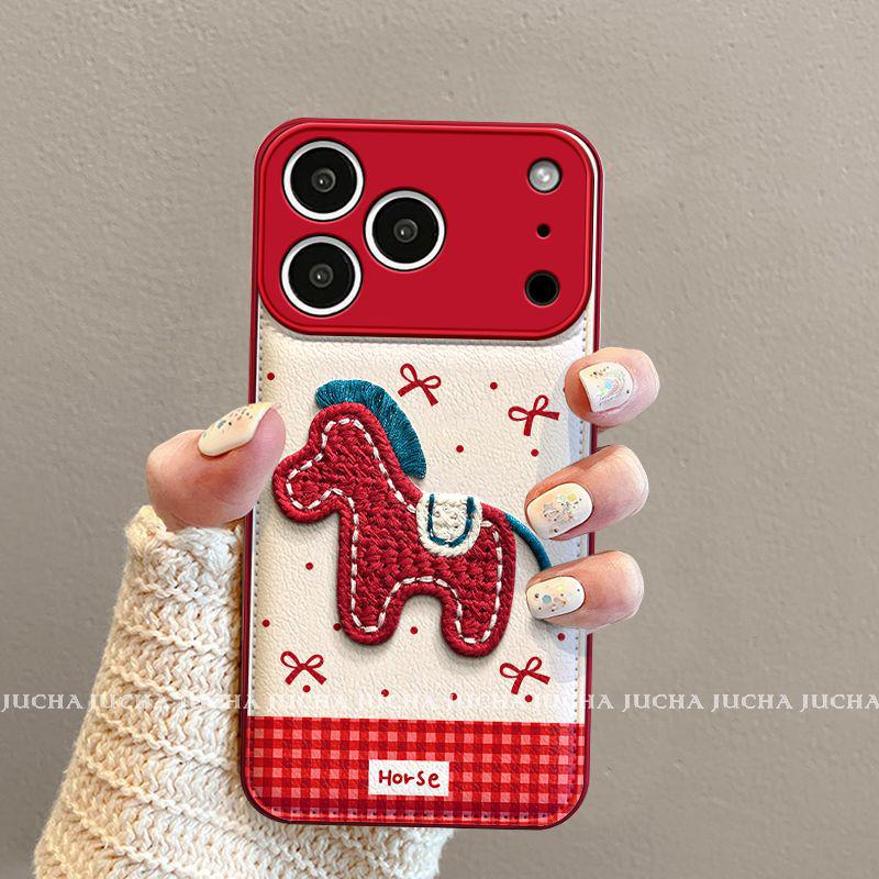 Apple Phone Case with Lanyard: Cute, Embroidered Little Horse Design for iPhone 17, 16 Pro Max, 15, 14