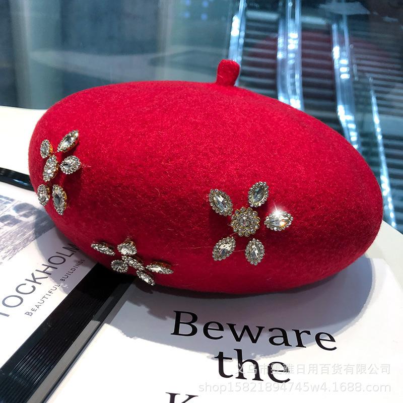 French Beret Woollen Thick Rhinestone Flower Bud Cap Fashion Autumn Octagon Artist Hat Women Painter Caps Headwear