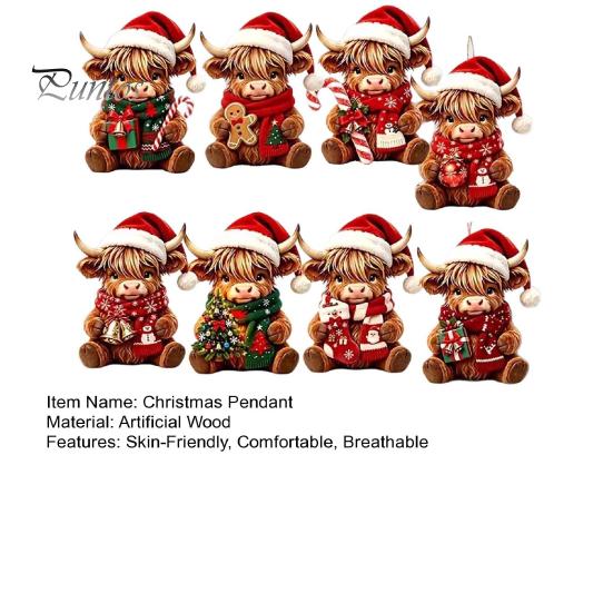 Creative Christmas Ornament Set Highland Cow Set, 2D Flat Wooden Decorative Lanyard Decor Hanging with String, Holiday Tree Party Decoration