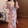 French vintage floral V-neck ruffled dress for women, summer vacation style, waist-cinching, asymmetrical long dress