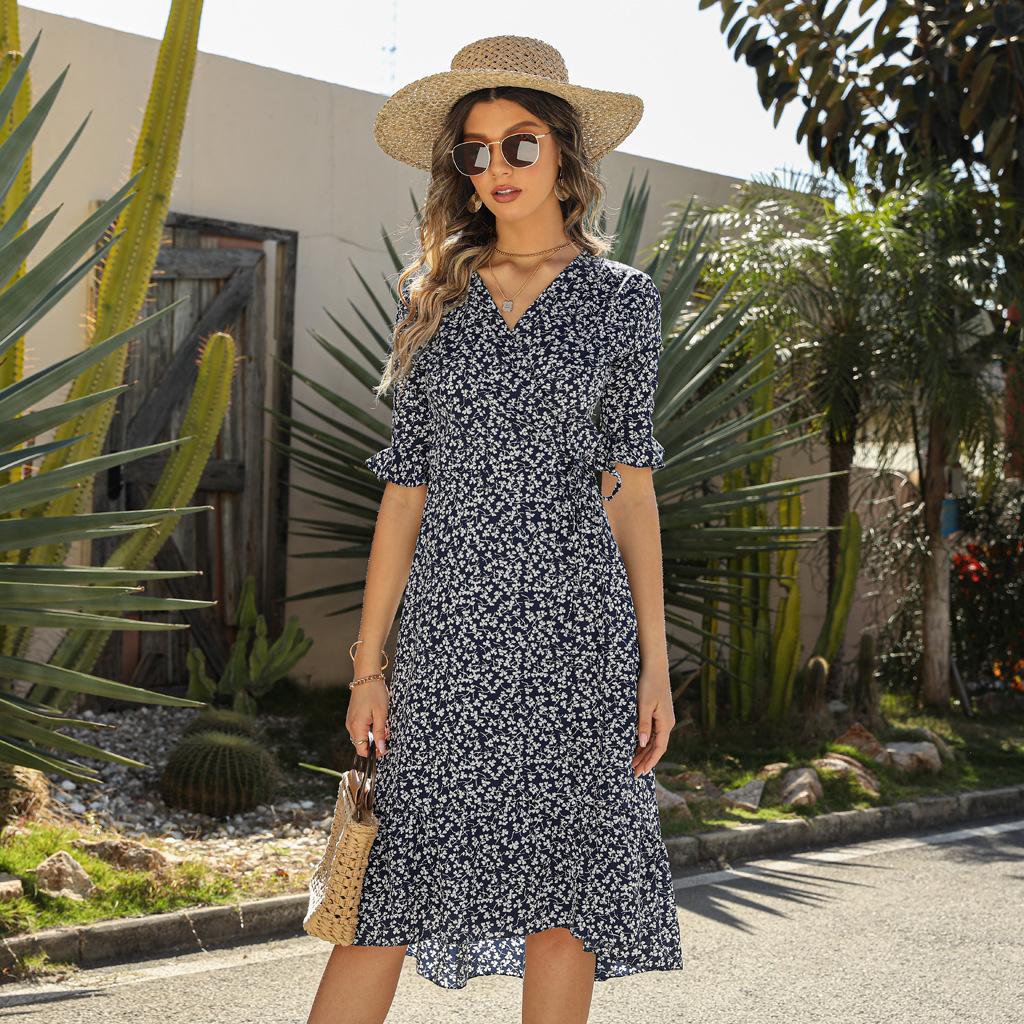 Women Summer V Neck Short Sleeve Split Lace Up A Line Ruffled Sexy Floral Printed Beach Dress S-XXL