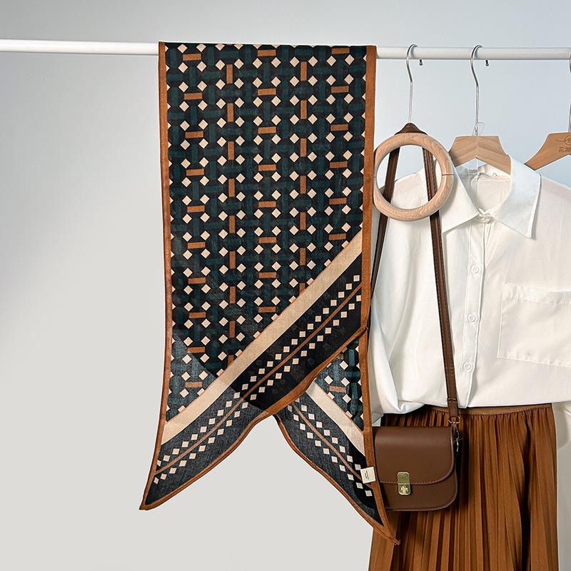 Premium Trend Simple Geometric Printing Simulation Silk Single-layer Parallel Scarf Women's Niche Retro Wool Feel Silk Scarf