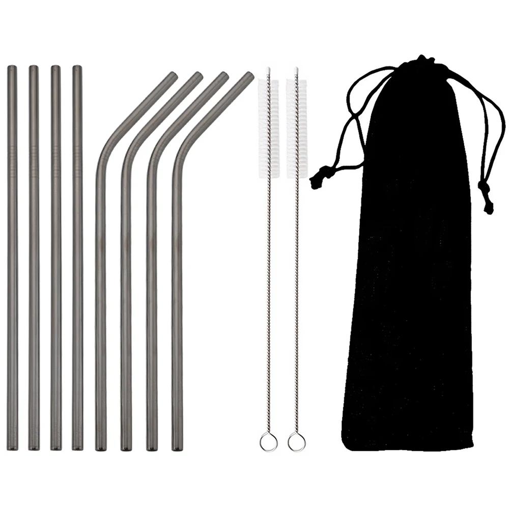 Black Reusable Metal Drinking Straws Stainless Steel Sturdy Bent Straight Drinking Straw with Cleaning Brush Bar Party Accessory