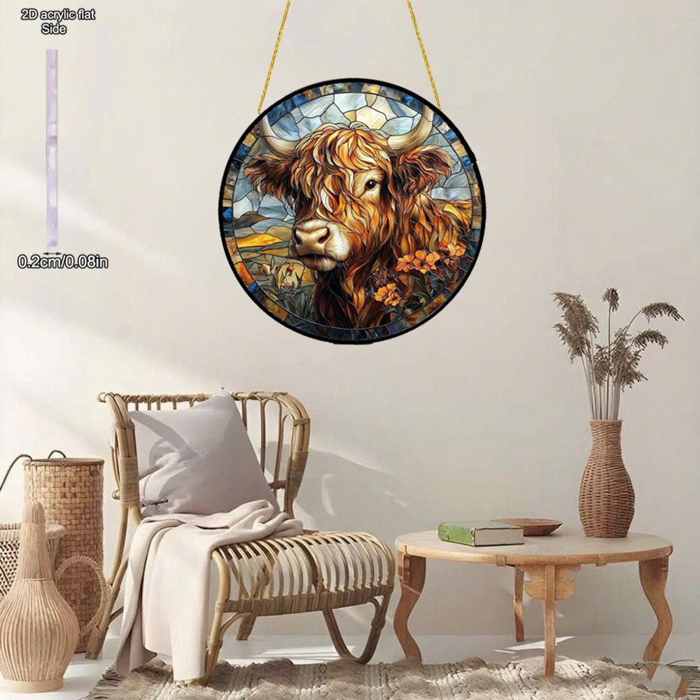 Bison Suncatcher Stained Glass Window Acrylic Round Wall Hangings Farmhouse Garden Ornaments Home Decor Gift for Animal Lovers, Perfect for Home 