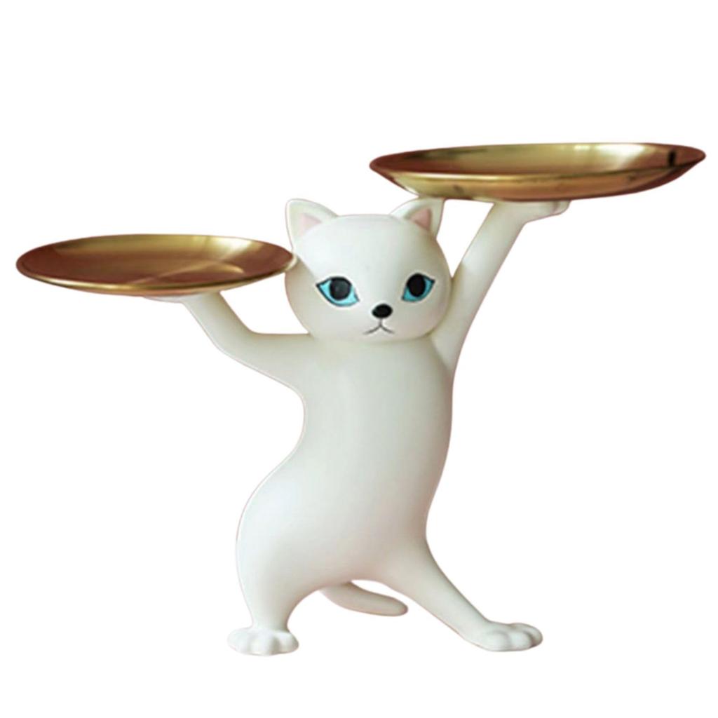 Cat Figurine Ornament Plate Interior Decoration Small Plate Trinket Box Interior Accessories Cat Merchandise (White Cat)