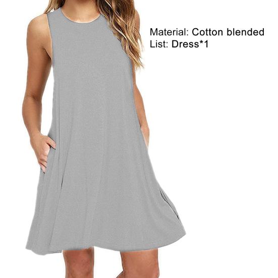 Women Dress Sleeveless Round Neck Cloth Simple Solid Color Midi Dress for Summer