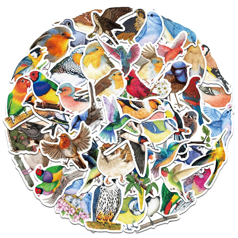 50Pcs Watercolor Bird Handmade Account Stickers DIY Luggage Refrigerator Water Cup Waterproof Sticker Laptop Guitar Decoration