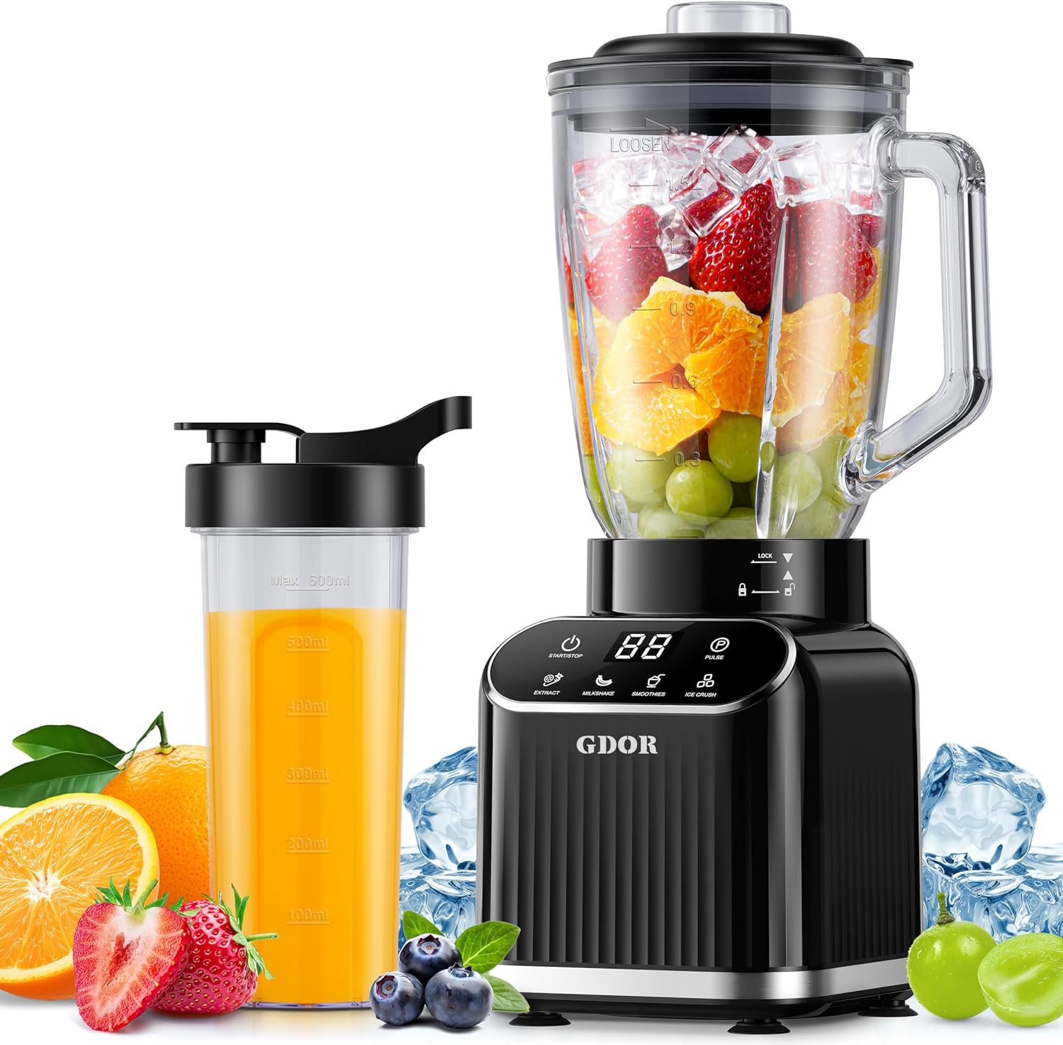 

Professional 1200W Blender, 52oz Glass Jar & 24oz To-Go Cup, Ice Crushing, Self-Cleaning, Black чорний