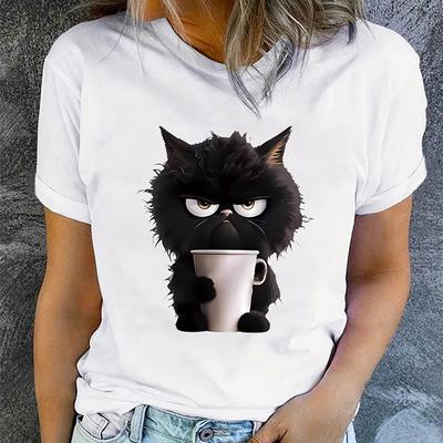Maglietta da donna alla moda con stampa di gatto carino, divertente, casual, con scollo a V e maniche corte, estiva.