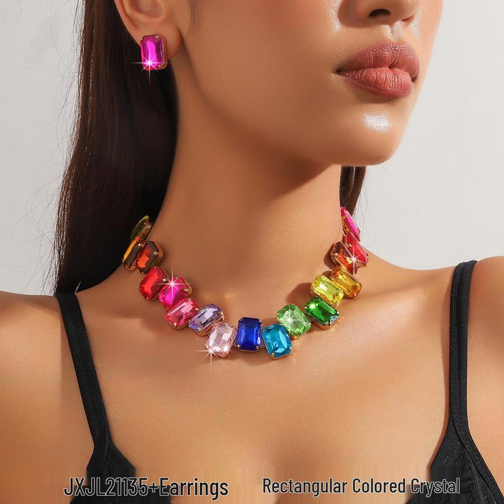 Collar de Cristal Rosa Colorido con Diamantes Completos - Estilo Europeo y Americano