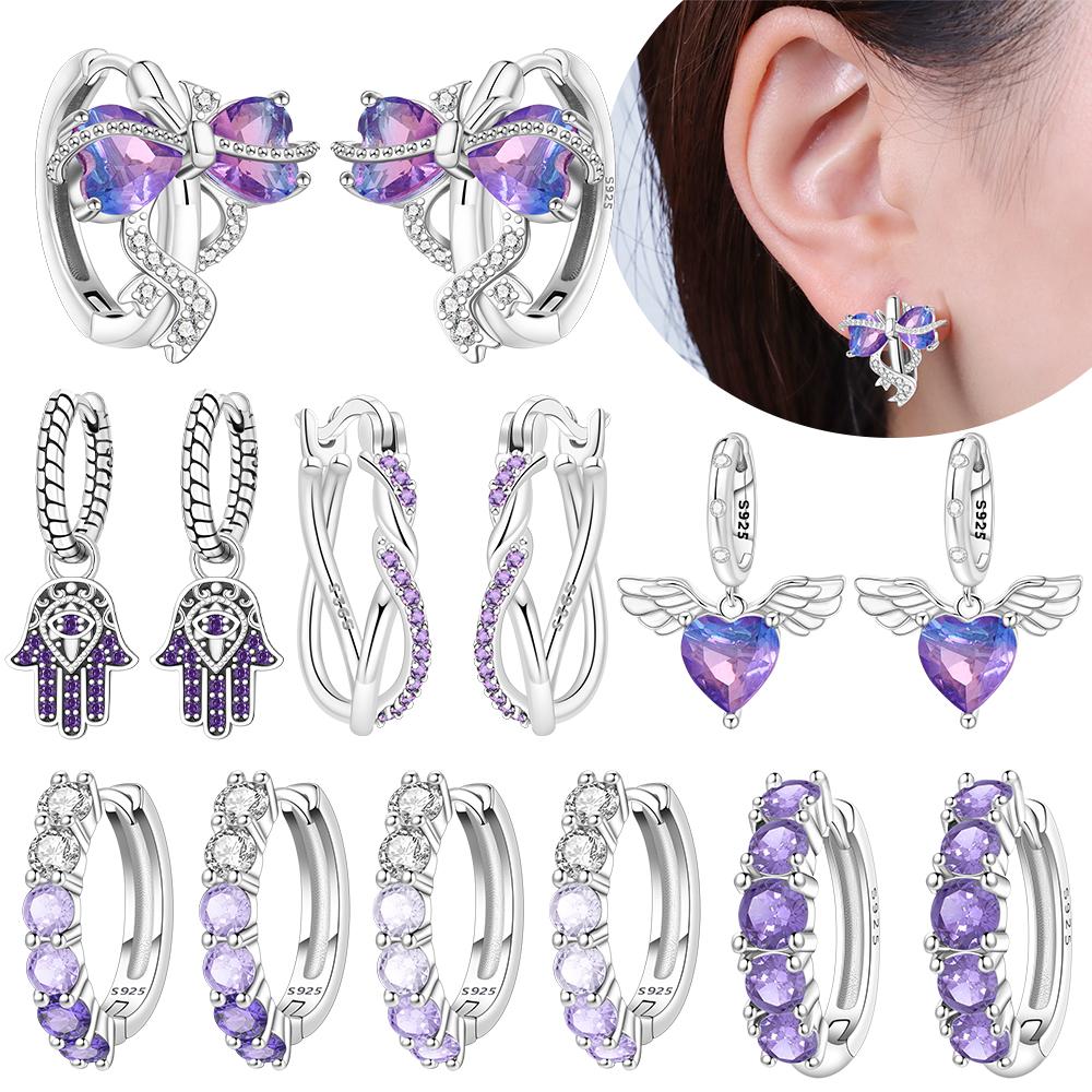 925 Silver Purple Series Heart Wing Earrings Women Pretty Bows Lucky Ear Hoops Valentine's Fine Gift Jewelry Accessory