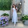 [Soft blue and one water] High-intelligence lace splicing fake two-piece temperament waist dress knitted fabric
