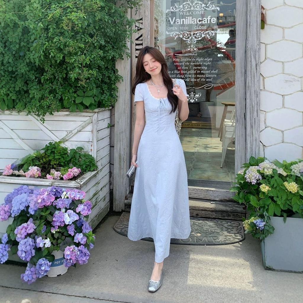 [Soft blue and one water] High-intelligence lace splicing fake two-piece temperament waist dress knitted fabric