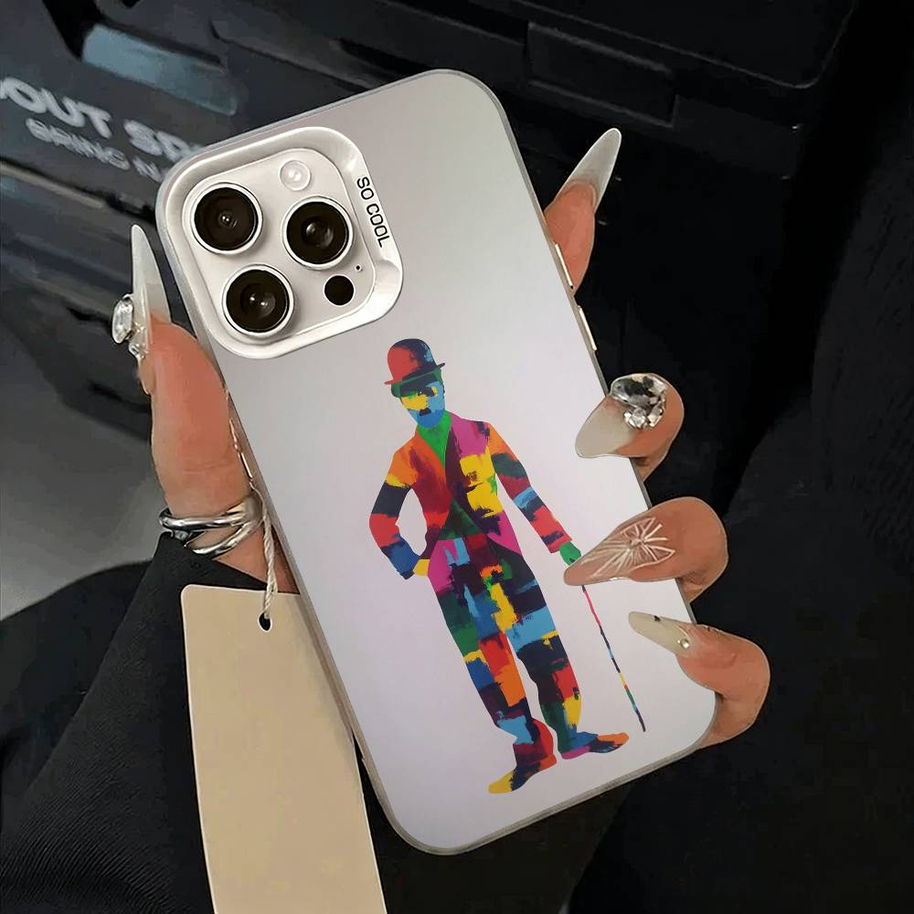 C-Charlie Chaplin Phone Case For iPhone 11 12 13 14 15 16Pro Max Plus white Sliver  Phone Cover