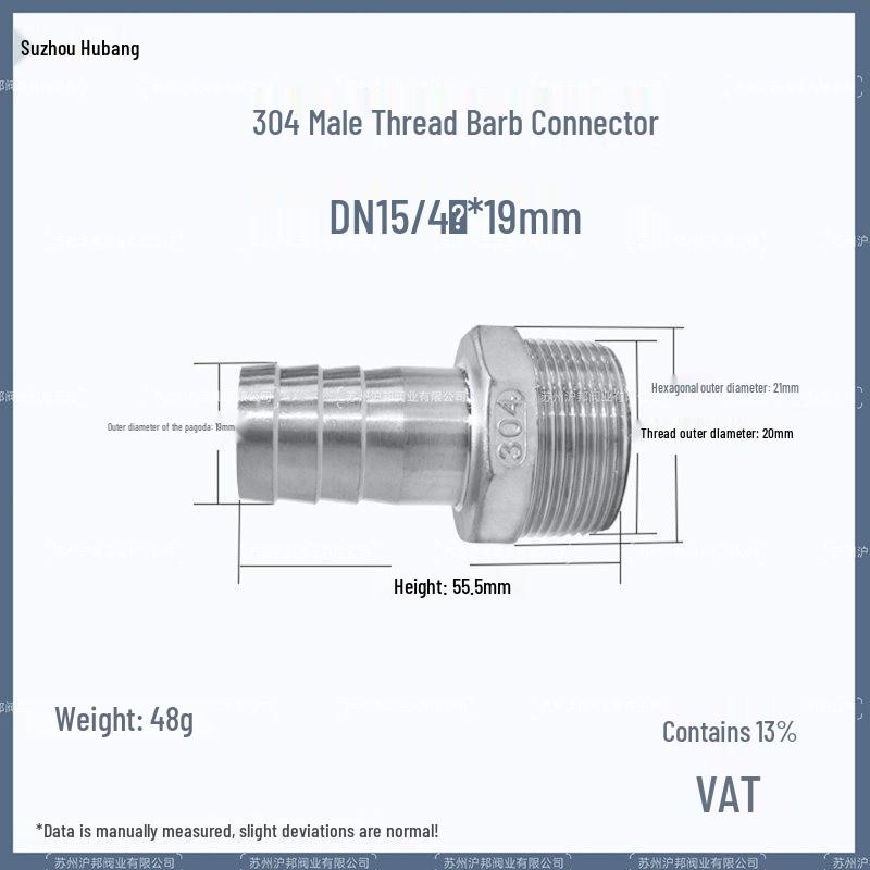 1" Hexagonal Barb Connector, 304 Stainless Steel for Water Pipe Hose, 316 Male Thread Plug
