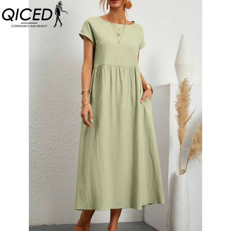 QICED Women's Fashion Summer Spring Solid Color Print Short Sleeve O-Neck Casual Dresses