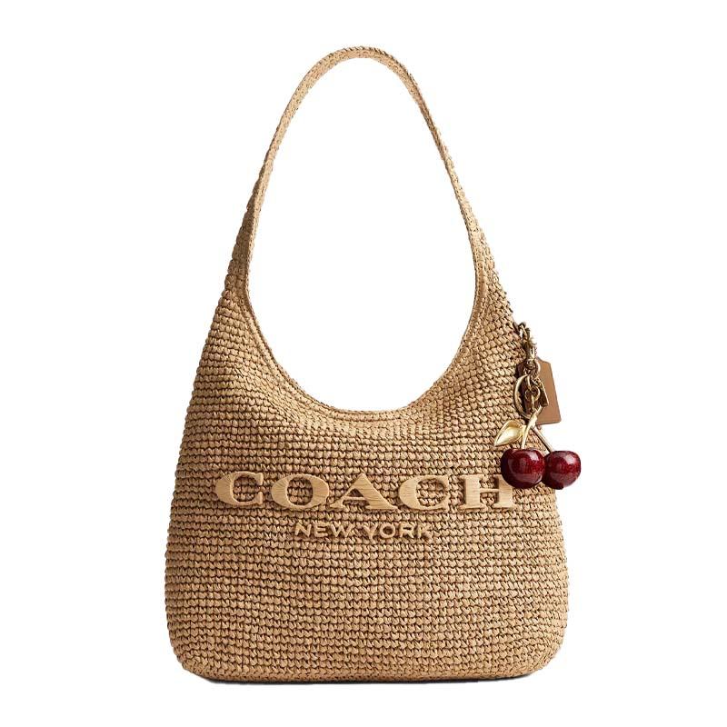 Coach Brooklyn 34 Magnetic Closure Straw And Calfskin Shoulder Bag Large Women Shoulder Bag Light-Brown CDZ38-B4NA