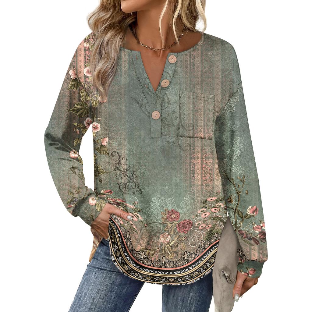 Women's Retro Printed Fashionable Long-sleeved Top