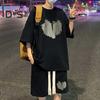 2Pcs/Set Men Summer Outfit Round Neck Short Sleeve Tops Wide Leg Shorts Set Heart Pattern Loose Fit Tracksuit