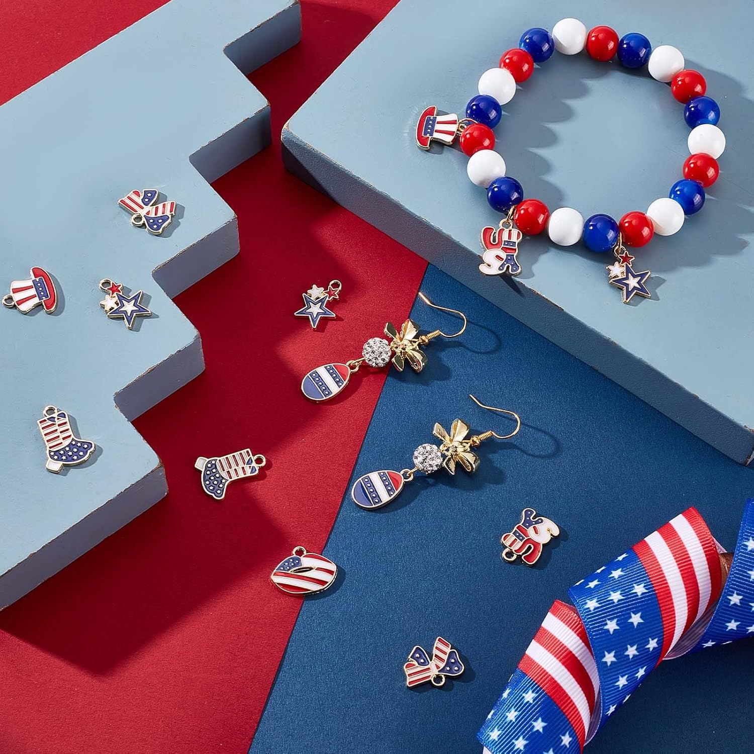 SUNNYCLUE 1 Box 54Pcs USA Charms Patriotic Charms American Flag 4th of July Independence Day Charms Enamel Red Blue Hat Charm Egg Bowknot Star Charm