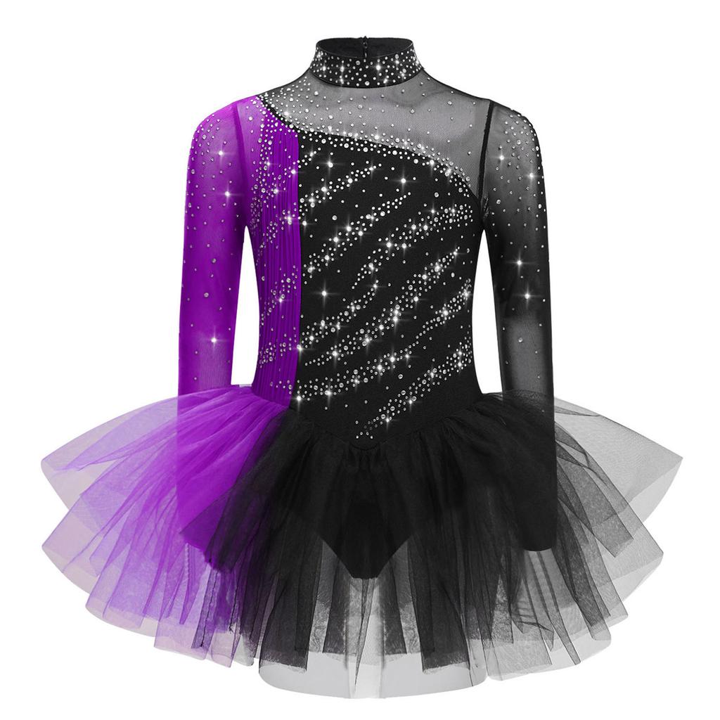 Girls Figure Skating Dress Long Sleeve Sparkling Rhinestones Color Block Patchwork Stage Performance Costume