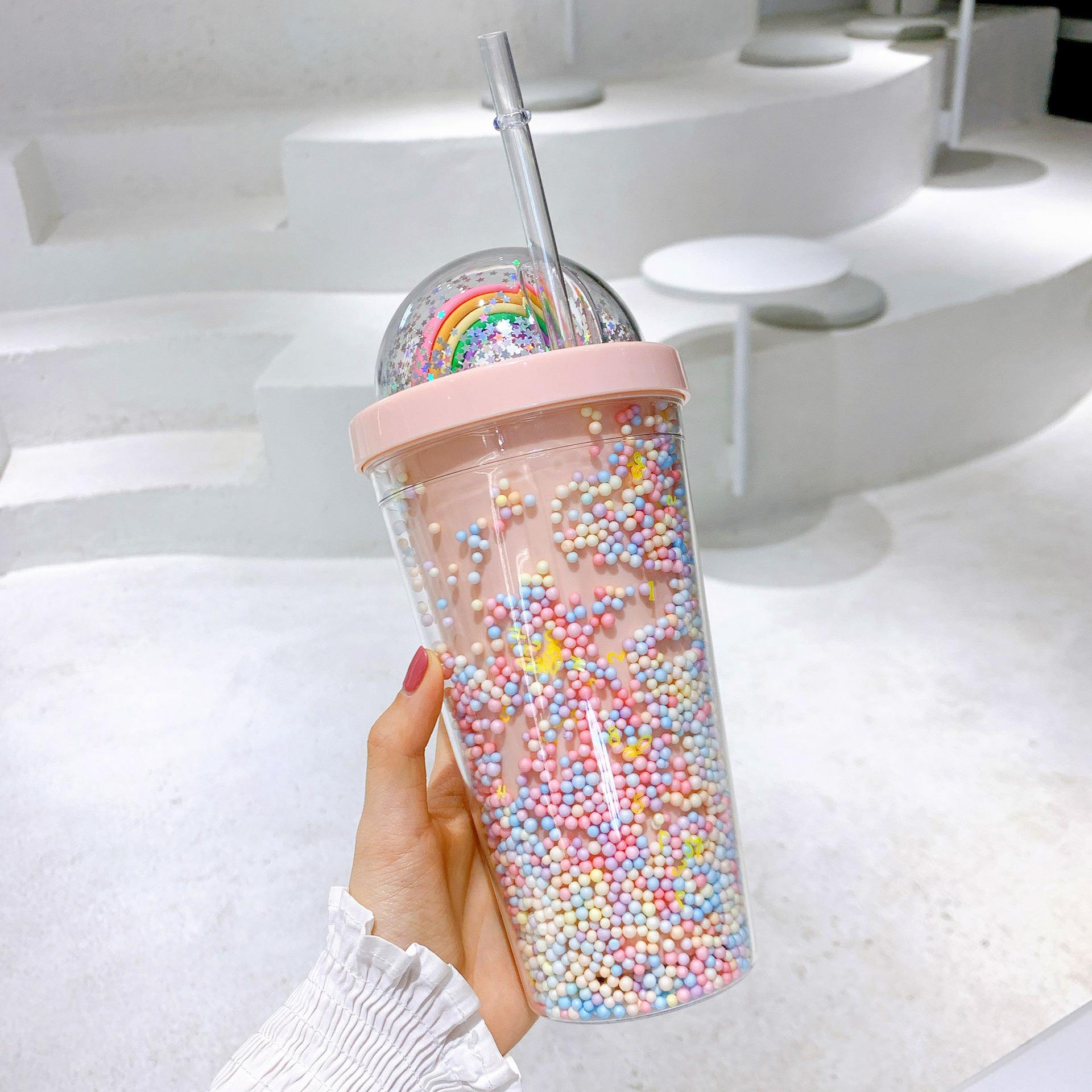 

Creative Rainbow Plastic Straw Cup, Lovely Water Bottle, Colorful Drinking Mug for Girls, Students, Portable Juice Cup 550ml New