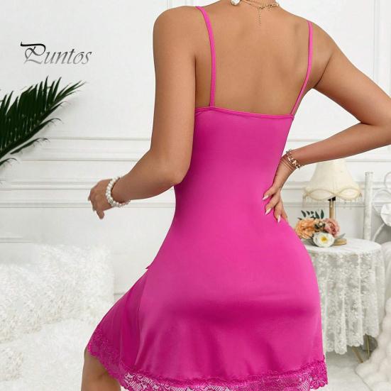 Women Nightdress V Neck Backless Sleeveless Bow Lace Floral Embroidery Nightie Spaghetti Strap Slit Hem Nightgown for Valentines Day Wedding Night