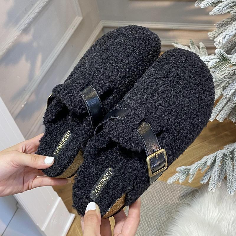 Móda 2025 Zimní Teplé Dámské Ploché S Huňatými Botami Módní Sponový Pásek Dámské Nazouváky Kožešinové Pantofle Ležérní Venkovní Vnitřní Dámské Nazouváky