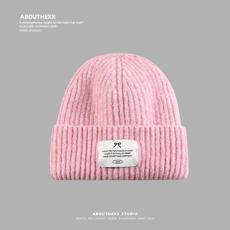 Autumn and Winter Wool Hat for Women Showing Face Small Warm Ear Protection Knit Hat Bow Letter Cloth Label Cold Hat Pullover Hat Men