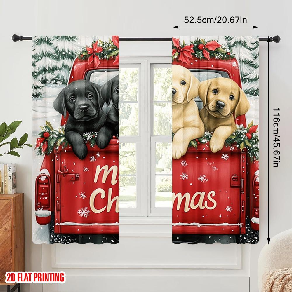 2pcs,2D Plane Printing Contemporary Curtains Cute Lab Puppies Christmas Truck (3) 100% Polyester (without Rod) Versatile All Use