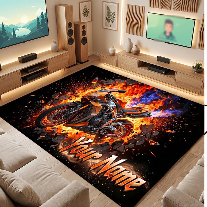 Motorcycle Biker Theme Soft Crystal Velvet Rug Custom Name & Text Print Non Slip Floor Rug for Bedroom Living Room