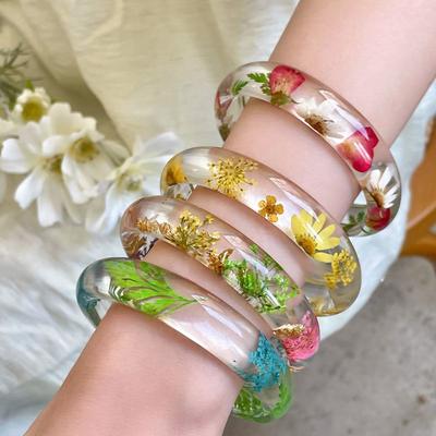 Bohemian Acrylic Bangle Resin Big Cuff Bangle Exaggerated Natural Dried Flower Bracelet  Decoration