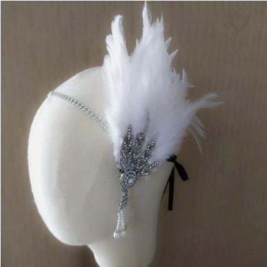 Women Vintage Feather Headband Black Rhinestone Beaded Sequin Hair Band Vintage Headpiece Flapper Feather Headdress
