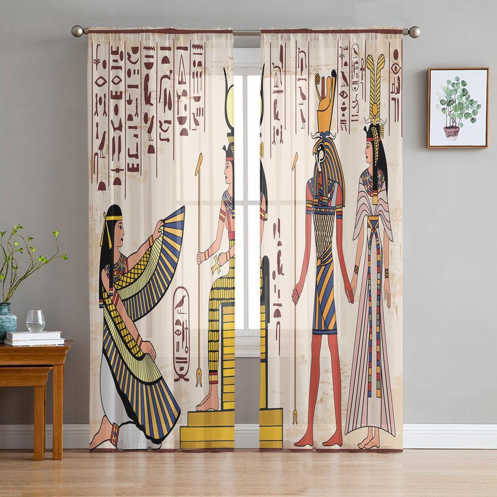 Ideal for Living Room Bedroom Space Space Decoration Window Opening Voiles Morning Tulle Drape1 - Ancient Egypt Art Cat Feather Retro Sheer Curtains