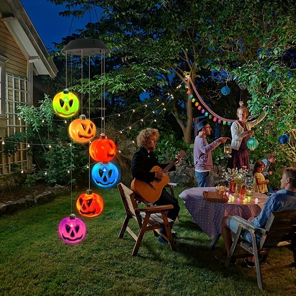 Solar-Powered Halloween Pumpkin Wind Chimes with Colorful LED Lights Angry Pumpkin Hanging Decor for Garden Porch Patio Windows