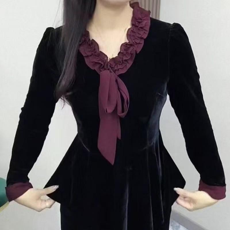

2026 Spring & Autumn Lace Top: Stylish, Versatile, Age-Defying Long Sleeve Loose Shirt 5XL (Recommended 75-82.5 kg) чорний