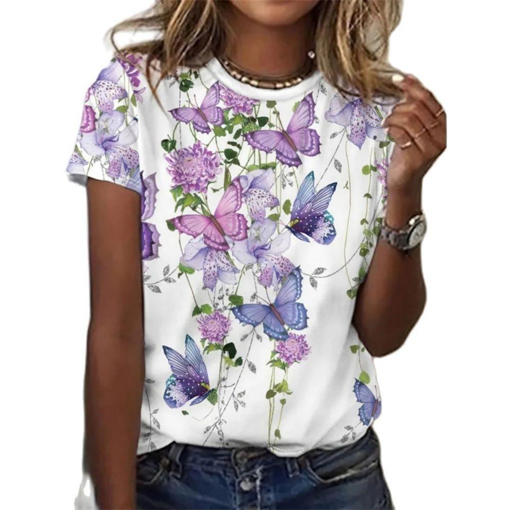 T-Shirt mit Schmetterlingsmuster für Damen, Blumen- und Insektenmotiv, 3D-Druck, lockere Oberteile für den Sommer, kurze Ärmel, Persönlichkeit, O-Ausschnitt