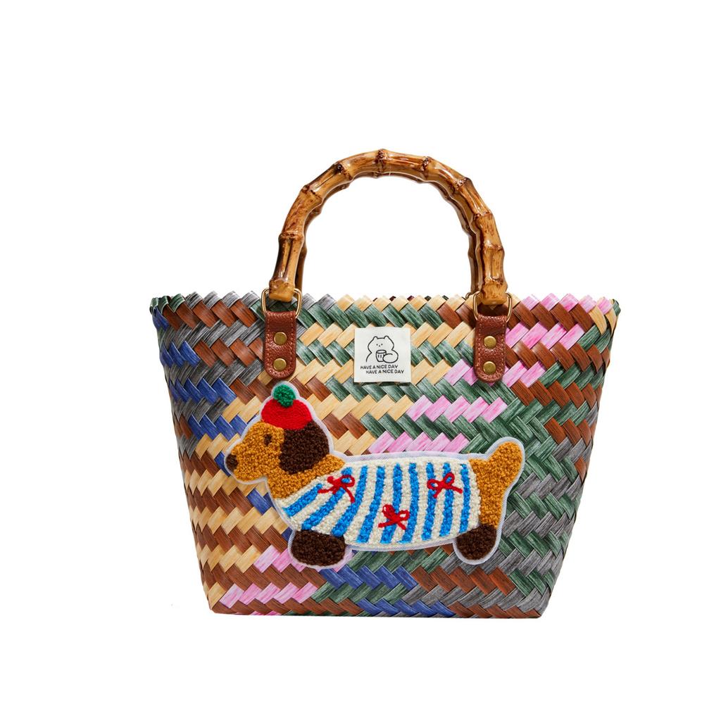 Velká taška Tote Pes Jezevčík Ručně tkaný zeleninový koš Kabelka Různé drobnosti Malá kabelka Pikniková taška