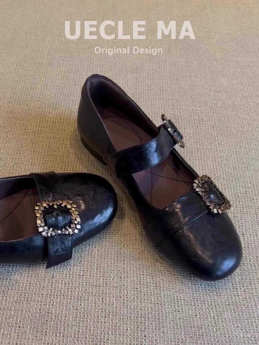 

Spot sheepskin French single shoes women s commuter ballet shoes gentle evening shoes with skirt one-word buckle Mary Jane shoes 34 чёрный