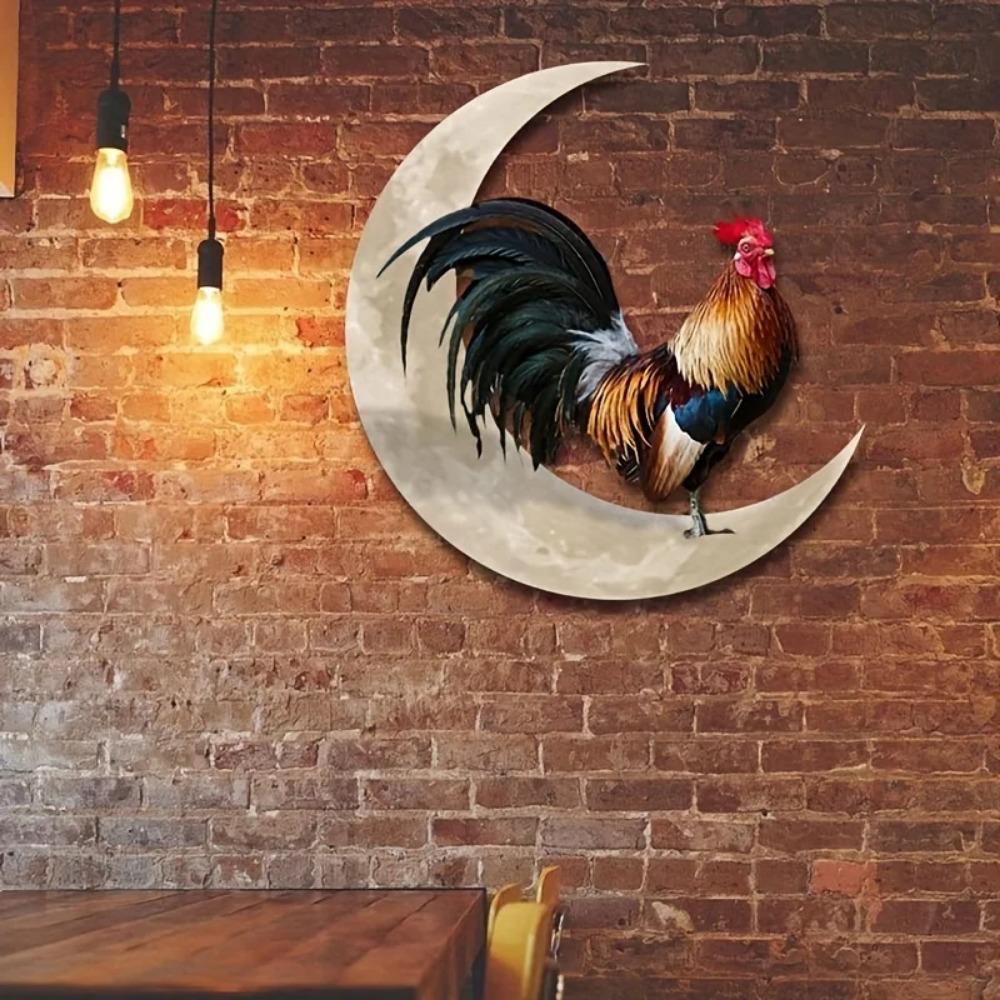 Home Decoration Wrought Iron Crafts - Outdoor Garden Courtyard Moon and Rooster Metal Ornaments | Pendant and Wall Hanging Decor