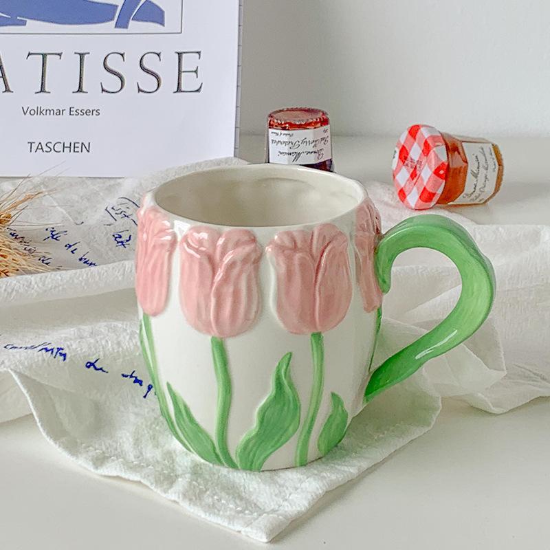 

Чашка Тюльпан Рельеф ручной росписи, изысканная кружка, стакан для воды, керамическая чашка для кофе, молока, чая в корейском стиле 301-400ml