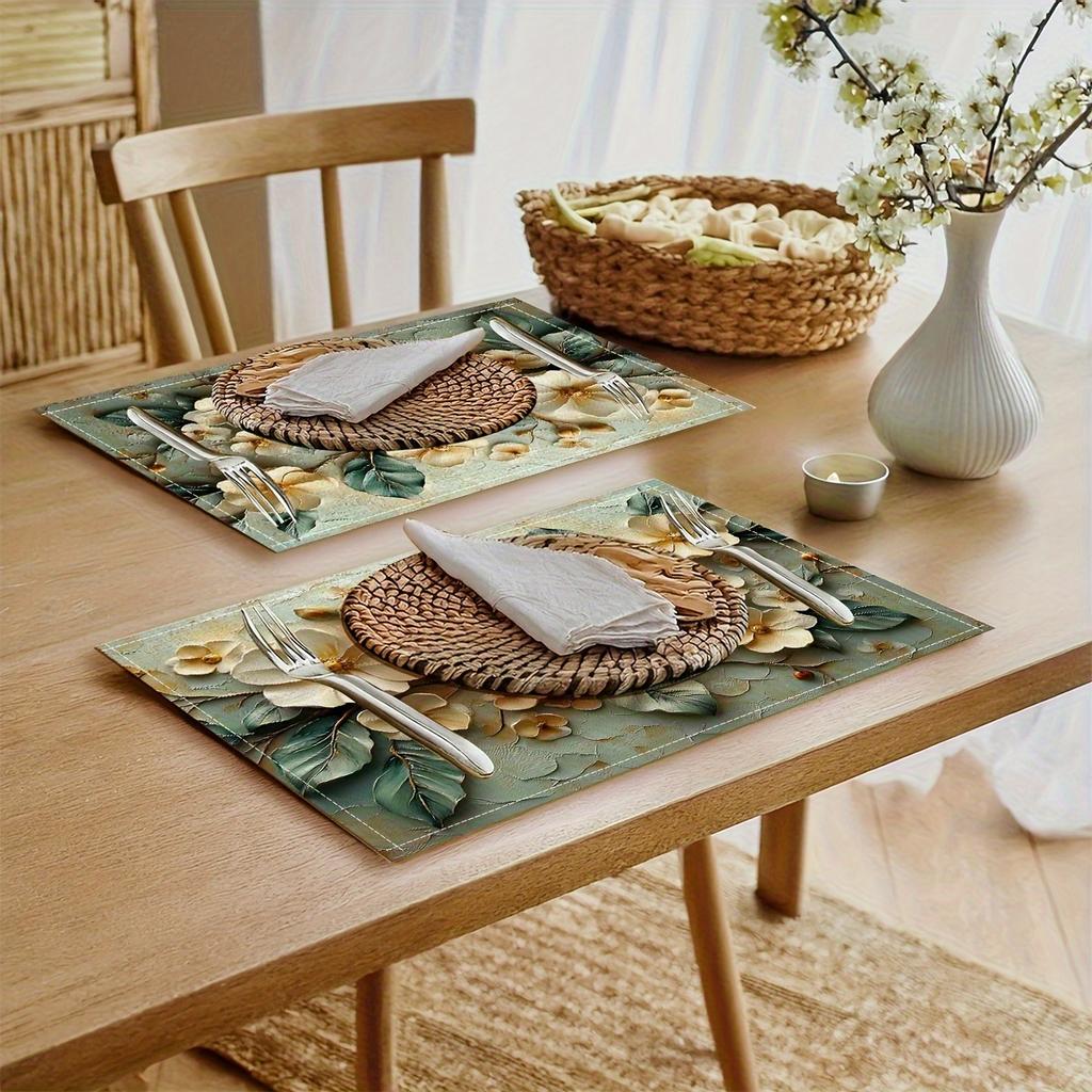 4pcs Linen Placemats Set, 3D Floral and Leaf Design, 12x18 Inches – Perfect for Kitchen, Dining Room, Holiday Table Decor, Party Accents To Add