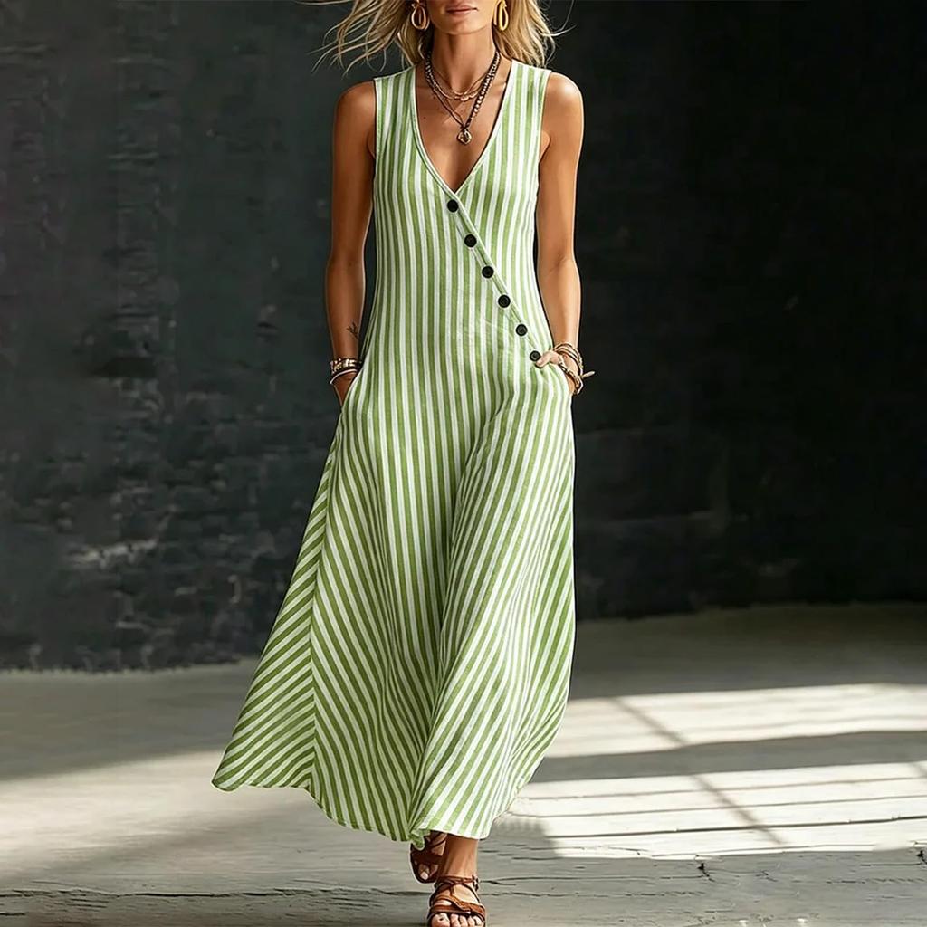 Women's Casual Sleeveless V Neck Maxi Dress with Vertical Stripes Button Detail Side Pockets Comfortable Loose Fit Summer Dress