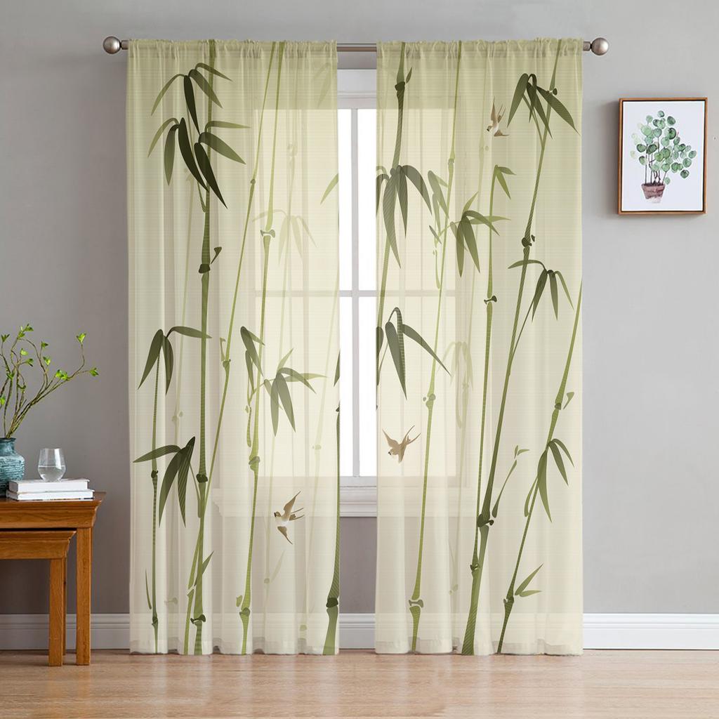 Bamboo Tree Green Plant Sheer Curtains for Living Room Transparent Tulle Window Curtain Bedroom Kitchen Home Decor Veil Drapes