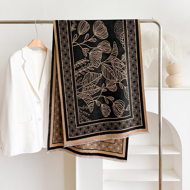 Korean High-End Petal Printing Women'S Imitation Cashmere Thermal Scarf Double-Sided Two-Color Air Conditioner Shawl