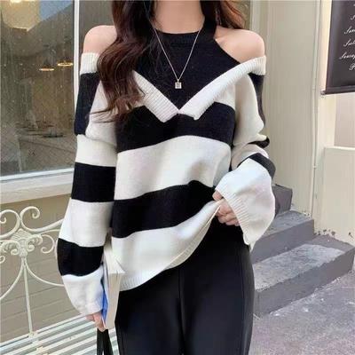 Pullover 2023 Casual Long Sleeve Pullover Knitwear Top Fake Two Piece Neck Hanging Off Shoulder Striped Sweater Pullover Women