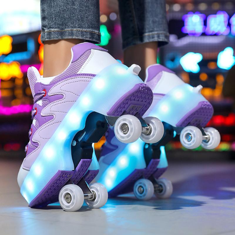 Kids Roller Roller Shoes 4-wheel Deformation Shoes Roller Skates Adult Rechargeable LuminousSkating Shoes