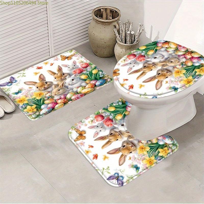 1/3/4pcs Easter Bunny & Egg Bath Set with Shower Curtain (180x180cm), Rug, U-Pad & Toilet Cover - Cute Spring Bathroom Decor,